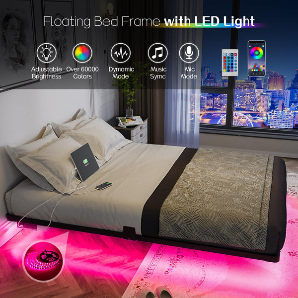 Floating Bed Frame with LED Lights & Charging Station