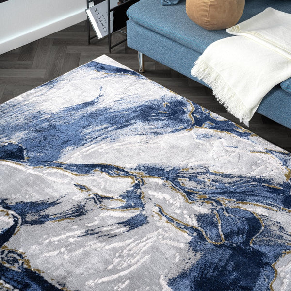 Abstract Grey Blue Area Rug – Machine Washable, Non-Shedding