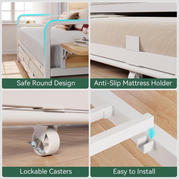 Twin Daybed with Pop-Up Trundle, RGB LED Headboard & Charging Station