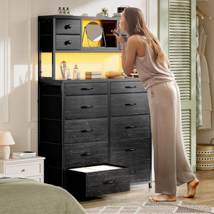 62.8" H Bedroom Dresser with 14 Fabric Drawers, LED Lights & Charging Station