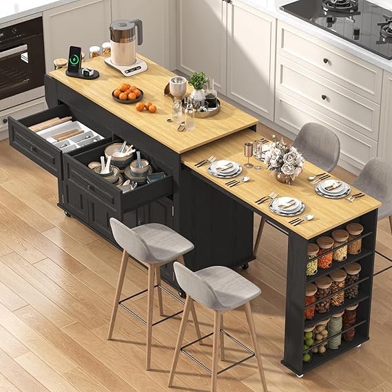 Extendable Kitchen Island Cart with Dining Table & Power Outlet