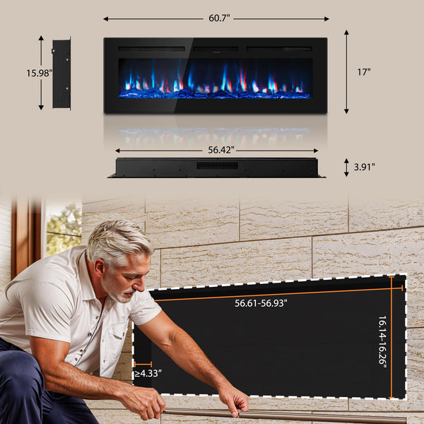 60-Inch Recessed Wall Mount Electric Fireplace