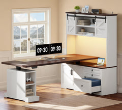 L-Shaped Electric Standing Desk with Hutch & File Cabinet
