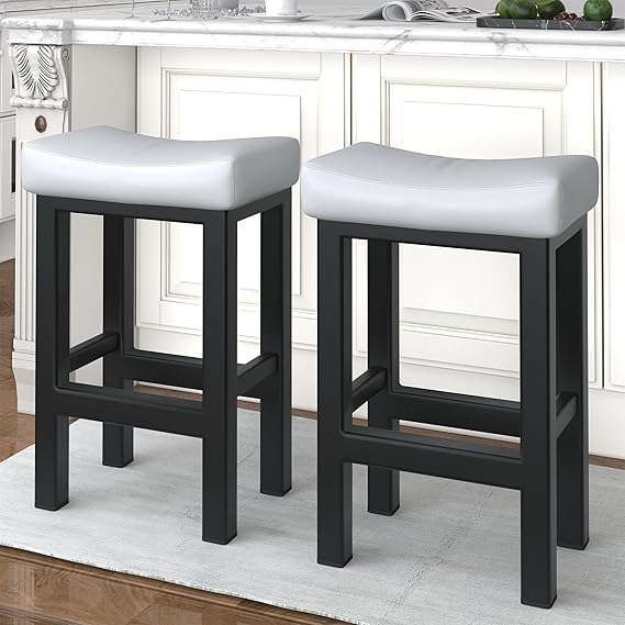 Bar Stools Set of 2, 24 Inch Counter Height Bar Stools for Kitchen Island, Faux Leather Upholstered Thick Saddle Seats & Heavy Duty Metal Base, Easy Assembly, Black