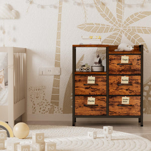 5-Drawer Fabric Dresser with 2-Tier Shelf