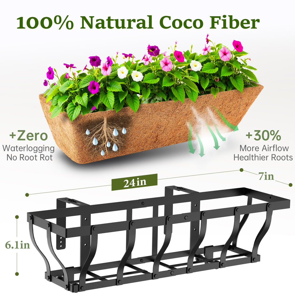 Iron Railing Planter Box with Coco Liner & Support Rod