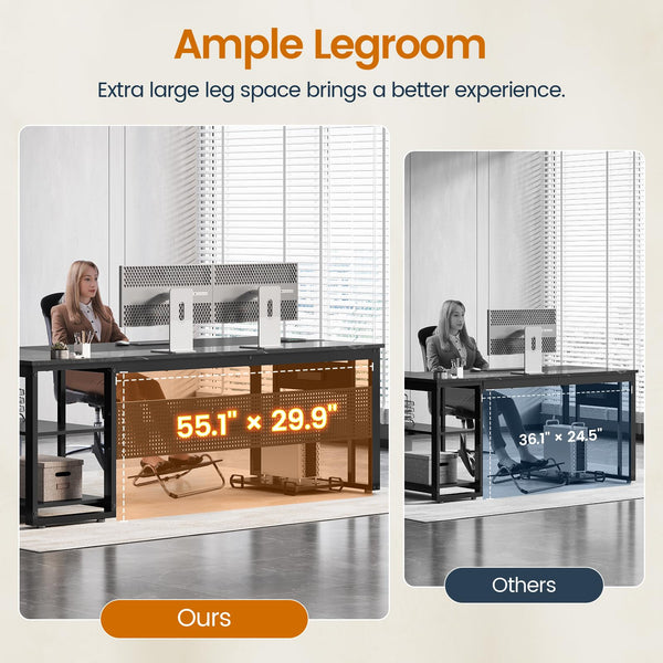 L-Shaped Executive Desk with Power Outlets, File Drawers & Storage