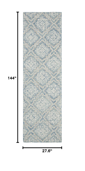 Abstract Geometric Runner Rug – 2'3" x 12' | Blue & Grey Handmade Wool