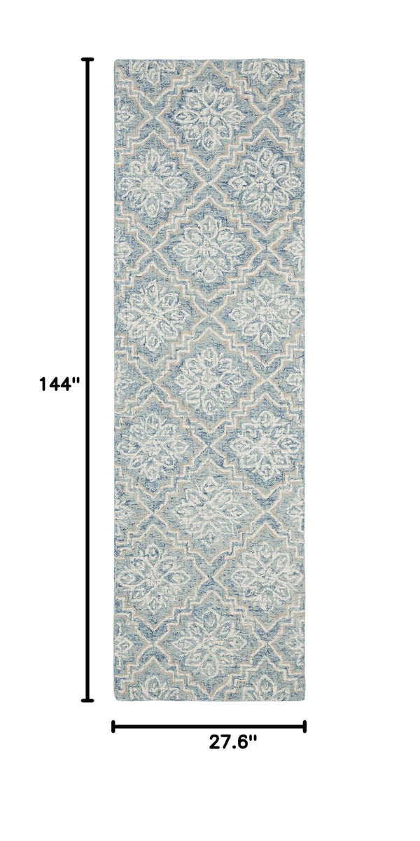 Abstract Geometric Runner Rug – 2'3" x 12' | Blue & Grey Handmade Wool