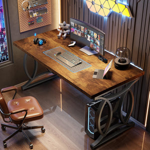 HSH Rustic Home Office Desk, 55 Inch Metal Wood Computer Desk, Simple Industrial Study Executive Desk for Work Writing, Modern Student Gaming Computer PC Table Bedroom, Rustic Brown