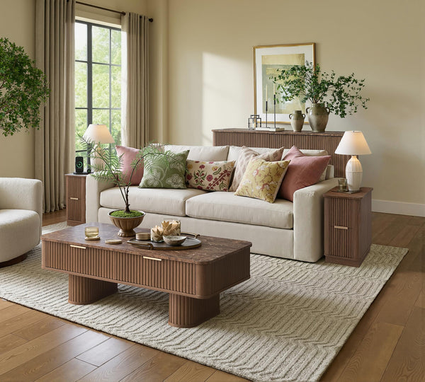 Fluted Coffee Table with Storage & Faux Marble Top