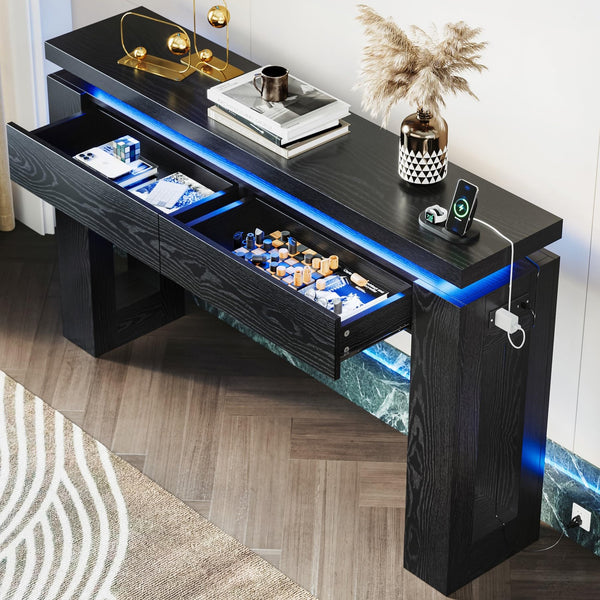 Console Table with LED Lights, Charging Station & Storage Drawers