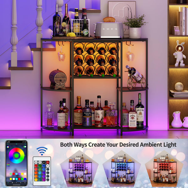 3-Tier Wine Bar Cabinet with LED Lights, Glass Holder & 12-Bottle Storage
