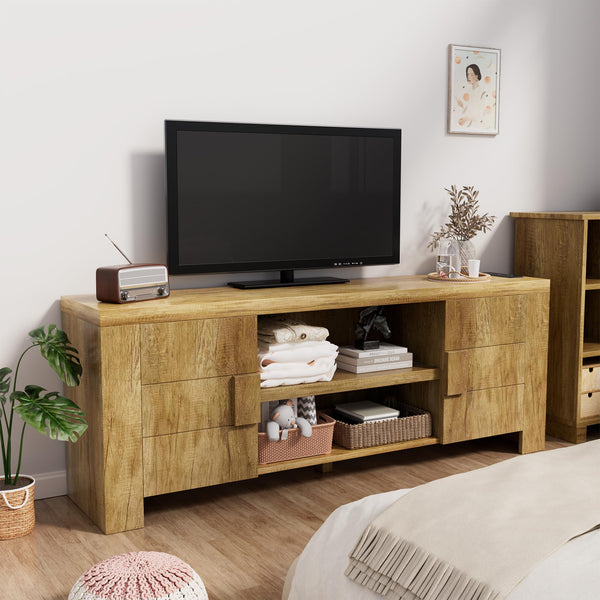 70-Inch Farmhouse TV Stand with Power Outlets & Storage Cabinets