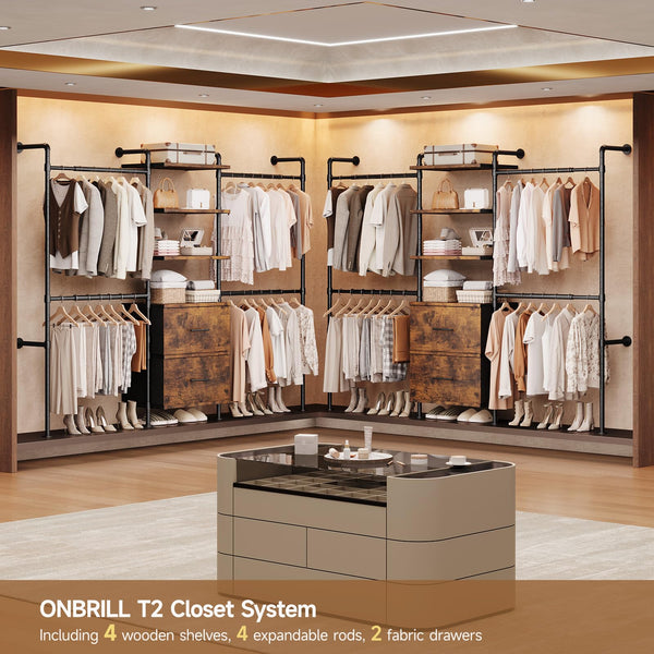 Wall Mounted Industrial Pipe Clothing Rack with Drawers & Shelves