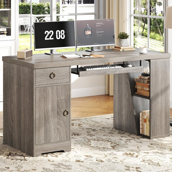 55" L-Shaped Corner Office Desk with Drawers, Cabinet, Shelves & Keyboard Tray