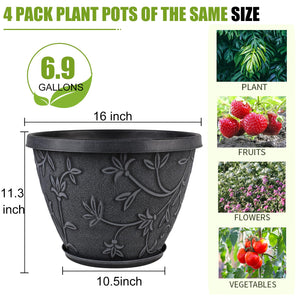4-Pack Large Plant Pots with Drainage Hole & Saucer — 8/10/12/16 Inch