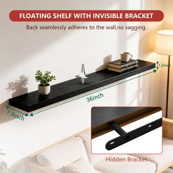 Black Floating Shelves for Wall 36 Inch – Set of 3 with Invisible Brackets