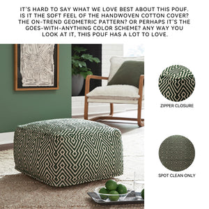 Green & Beige Geometric Handwoven Cotton Pouf Ottoman