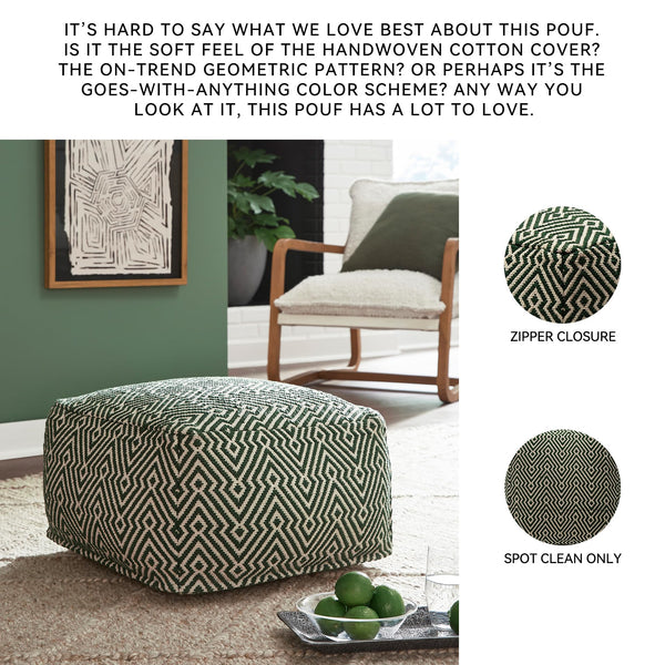 Green & Beige Geometric Handwoven Cotton Pouf Ottoman