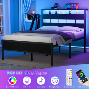 Full Size Bed Frame with LED Lights, Charging Station & Storage Headboard