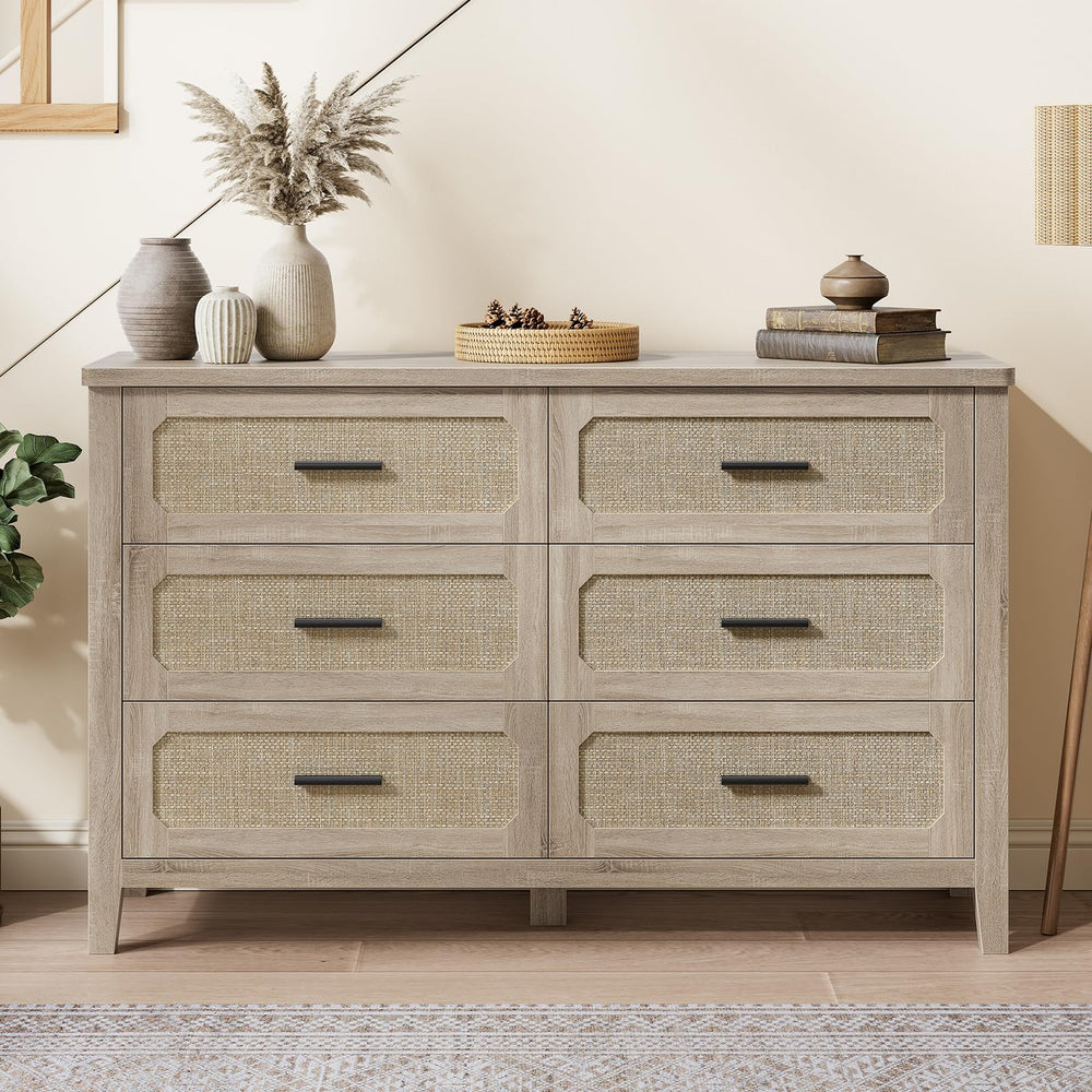 Rattan 6-Drawer Dresser | 48" Wide Boho Chest of Drawers