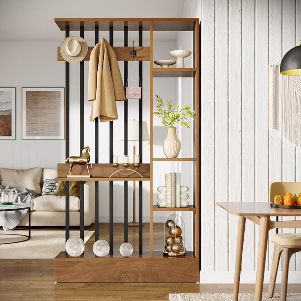 Modern Wood Room Divider with Open Shelves & Coat Hooks – Brown