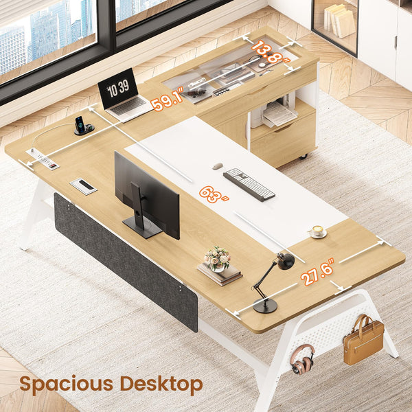 L-Shaped Desk with File Cabinet & Power Outlets