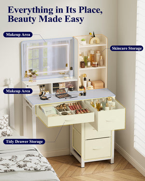 Lighted Vanity Desk with Mirror & Storage Drawers