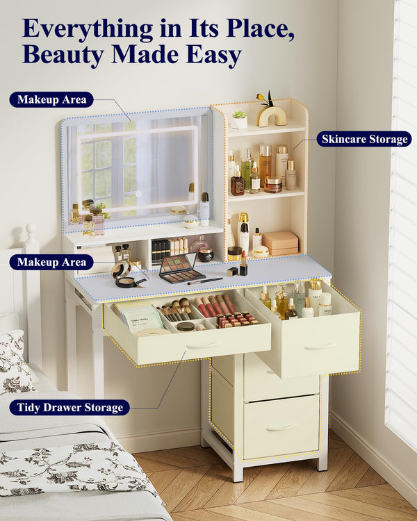 Lighted Vanity Desk with Mirror & Storage Drawers