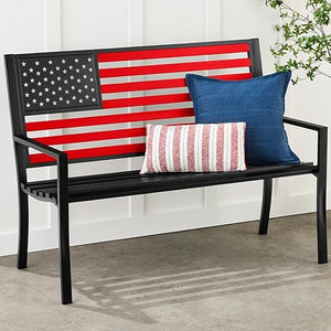 2-Person Steel Outdoor Bench with American Flag Backrest