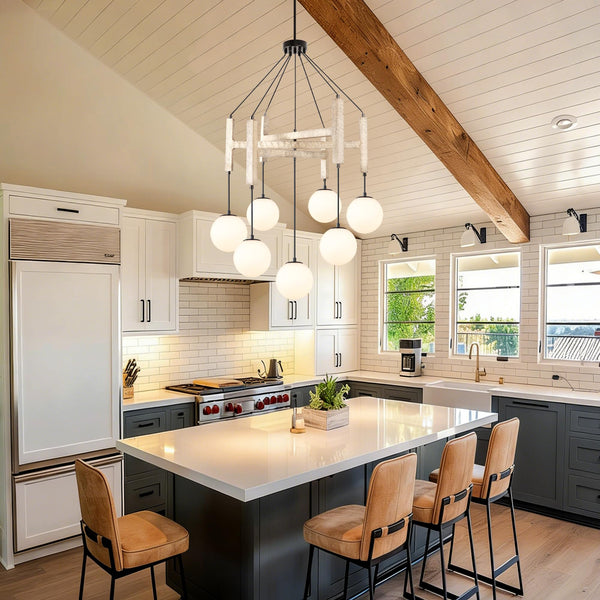 Wood & Glass Farmhouse Chandelier – 7-Light Dining Room Pendant