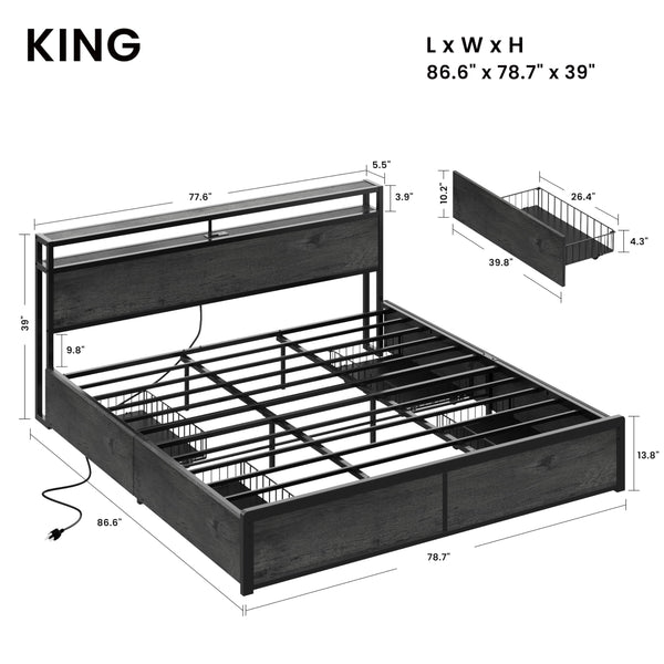 King Size Storage Bed Frame with Charging Headboard