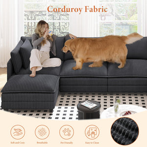109" L-Shaped Corduroy Sectional Sofa with Ottoman