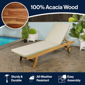 Acacia Wood Outdoor Chaise Lounge Chair with Cushion & Wheels