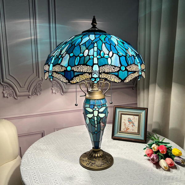 Tiffany Stained Glass Dragonfly Table Lamp with Nightlight