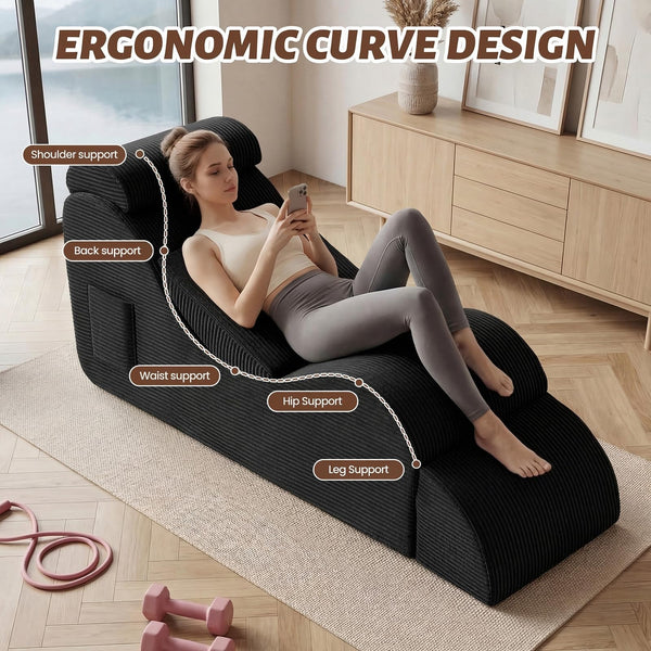 Ergonomic Yoga Chaise Lounge Chair with Headrest, Lumbar Pillow & Ottoman
