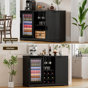 Coffee Bar Cabinet with Mini Fridge, Wine Rack & Glass Holder – Fluted Black