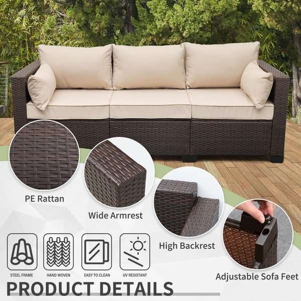 3-Seat Outdoor PE Rattan Sofa with Cushions