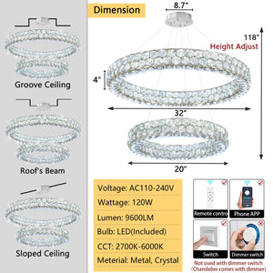 Dual Ring Crystal LED Chandelier – Dimmable Ceiling Light, Silver