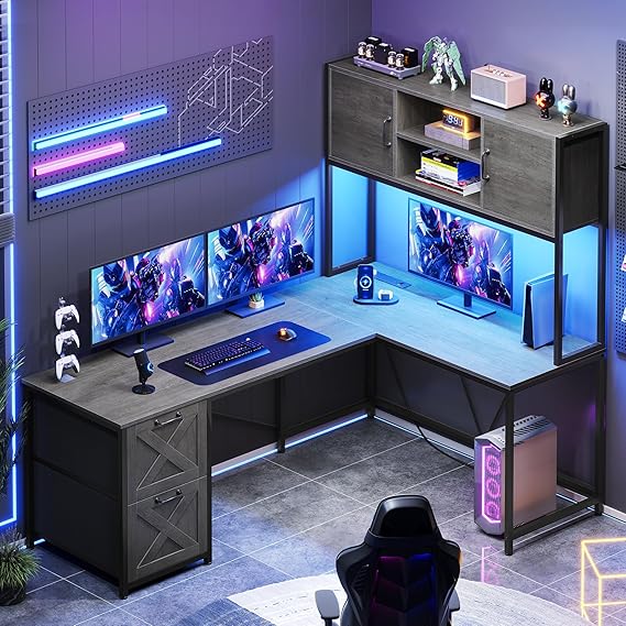 L-Shaped Desk with Drawers, Hutch & LED Lights