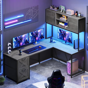 L-Shaped Gaming & Office Desk with LED Lights, Power Outlet, Hutch & Fabric Drawers