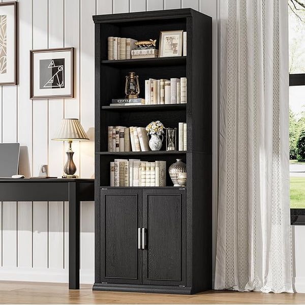 6-Tier Bookcase with Doors & Storage Cabinet