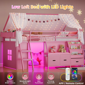 Kids Low Loft Bed Twin with Bookshelf & Reading Nook