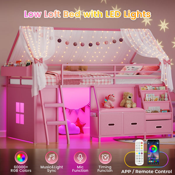 Kids Low Loft Bed Twin with Bookshelf & Reading Nook