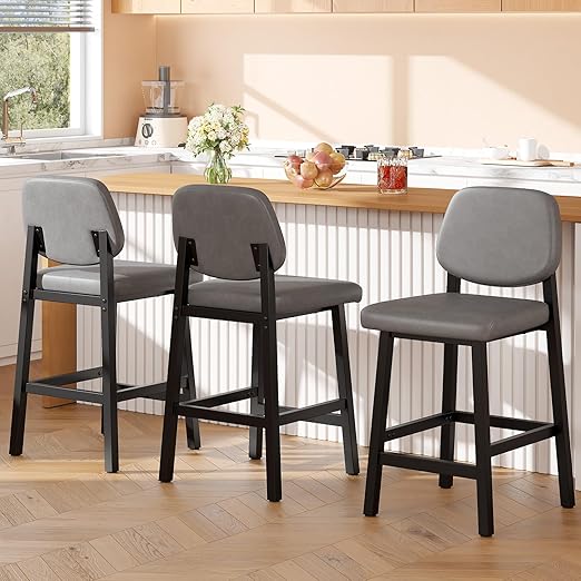 Counter Height Bar Stools Set of 3, 26" Upholstered Kitchen Bar Chairs with Metal Legs