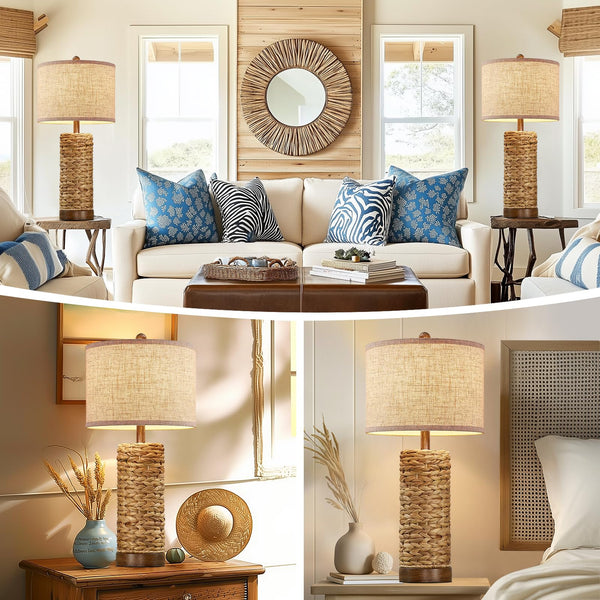 Natural Rattan Table Lamps Set of 2 with Linen Shade