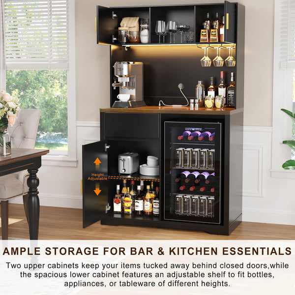72" Tall Bar Cabinet with Fridge Space, Fluted Hutch, LED Light & Power Outlet