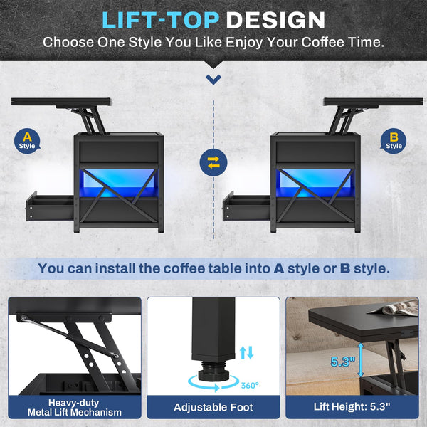 Lift Top Coffee Table with Storage & LED Light