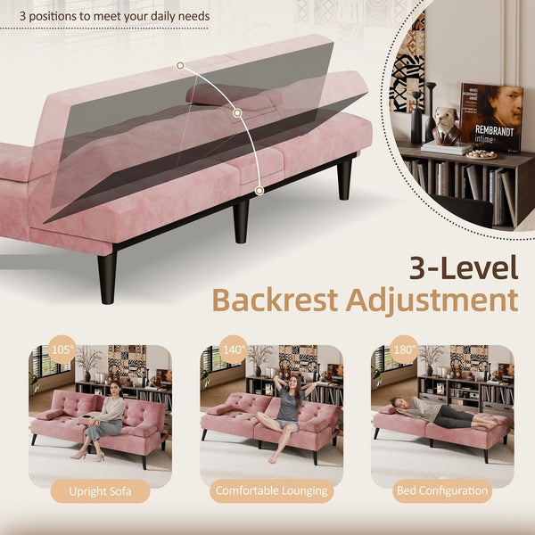 Velvet Futon Sofa Bed with Removable Armrests